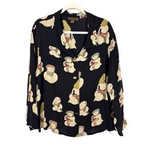 Harari Button Up Shirt 100% Silk Women 1X Black Cream Asian Japanese Print Artsy